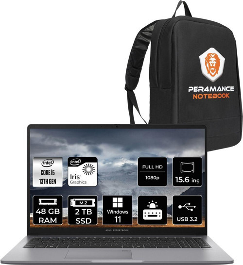 Expertbook P1 P1503 İ5 13500H 48Gb Ddr5 2Tb Ssd 15.6" Fhd Wındows11Home & Per4 Çanta