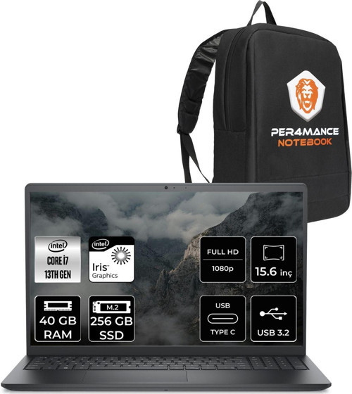 Vostro 3530 İ7 1355U 40Gb Ram 256Gb Ssd 15.6'' Fhd Fdos Taşınabilir Bilgisayar & Per4 Çanta