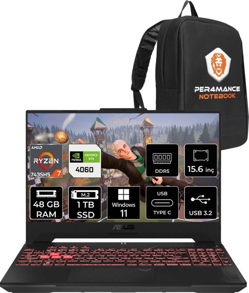 Tuf Gaming A15 R7 7435Hs 48Gb 1Tb Ssd Rtx4060/8Gb 144Hz 15.6" Fhd W11H Per4 Çanta