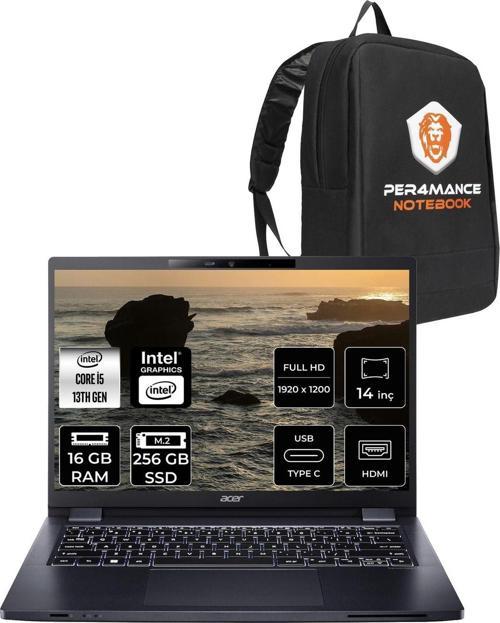 Travelmate P4 İ5 1335U 16Gb Ram 256Gb Ssd 14'' Wuxga Fdos Taşınabilir Bilgisayar & Per4 Çanta