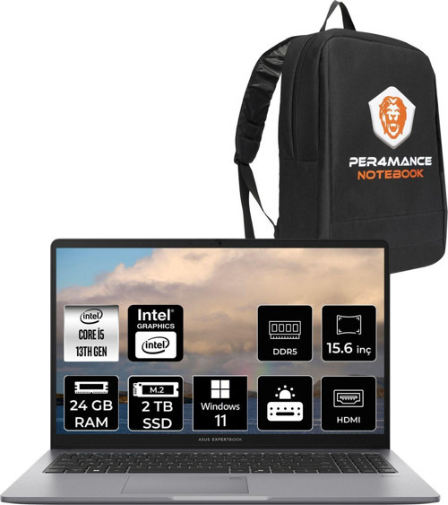 Expertbook P1 Intel Core İ5 13420H 24Gb 2Tb Ssd 15.6" Fhd W11H Dizüstü Bilgisayar & Per4 Çanta