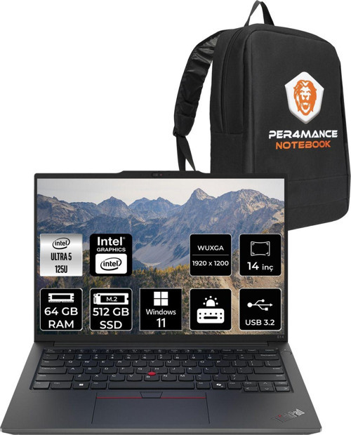 Thinkpad E14 G6 Ultra 5 125U 64Gb 512Gb Ssd 14'' Wuxga W11H 21M7002Ptx & Per4 Çanta