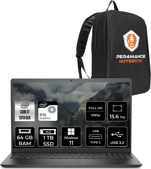 Vostro 3530 İ7 1355U 64Gb Ram 1Tb Ssd 15.6'' Fhd W11P Taşınabilir Bilgisayar & Per4 Çanta