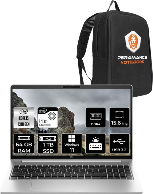 Probook 450 G10 İ5 1334U 64Gb Ram 1Tb Ssd 15.6'' Fhd Ips W11H Dizüstü Bilgisayar & Per4 Çanta
