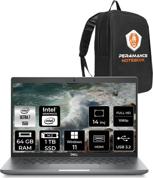 Latitude 5450 Ultra 7 155U 64Gb 1Tb Ssd 14'' Fhd W11P Taşınabilir Bilgisayar & Per4 Çanta