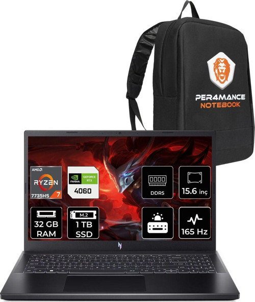 Nitro V15 R7-7735Hs 32Gb 1Tb Ssd Rtx4060/8Gb 15.6'' 165Hz Fhd Fdos & Per4 Çanta