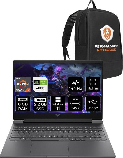Victus 16 R7 8845Hs 8Gb 512Gb Ssd Rtx4060/8Gb 144Hz Fhd 16.1'' W11P Gaming Laptop & Per4 Çanta