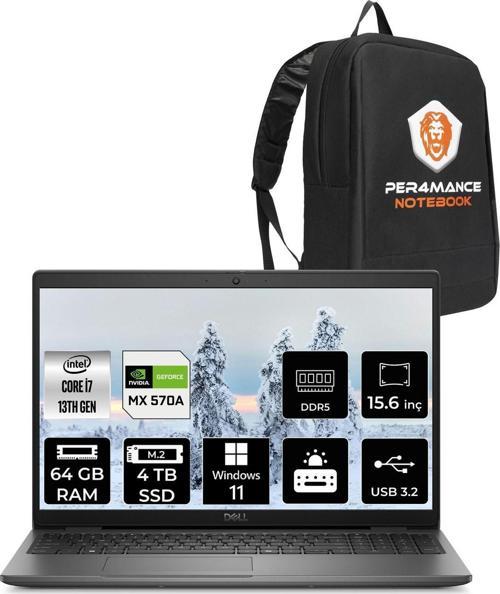 Latitude 3550 İ7 1355U 64Gb 4Tb Ssd Mx570A/2Gb 15.6'' W11H Dizüstü Bilgisayar & Per4 Çanta