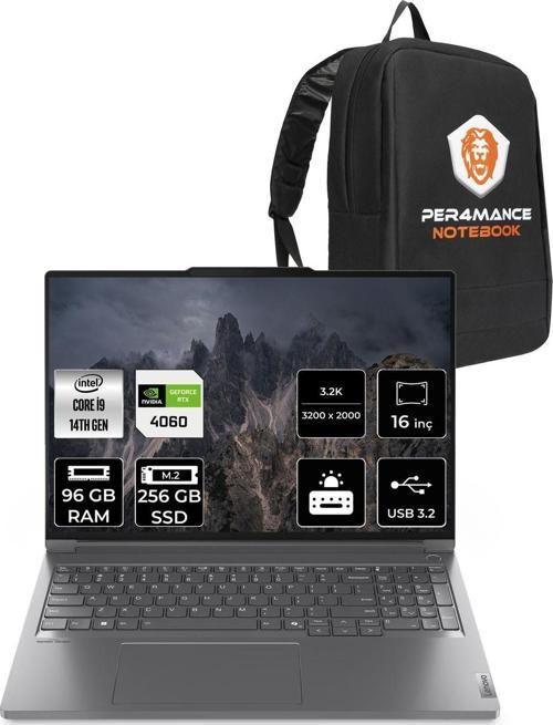 Thinkbook 16P G5 İ9-14900Hx 96Gb 256Gb Ssd Rtx4060/8Gb 16" 3.2K 165Hz Fdos & Per4 Çanta