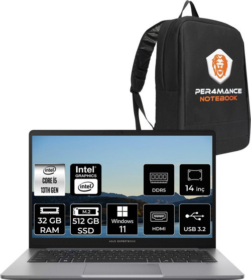 Expertbook P1 Intel Core İ5 13420H 32Gb 512Gb Ssd 14" Fhd W11P Dizüstü Bilgisayar & Per4 Çanta