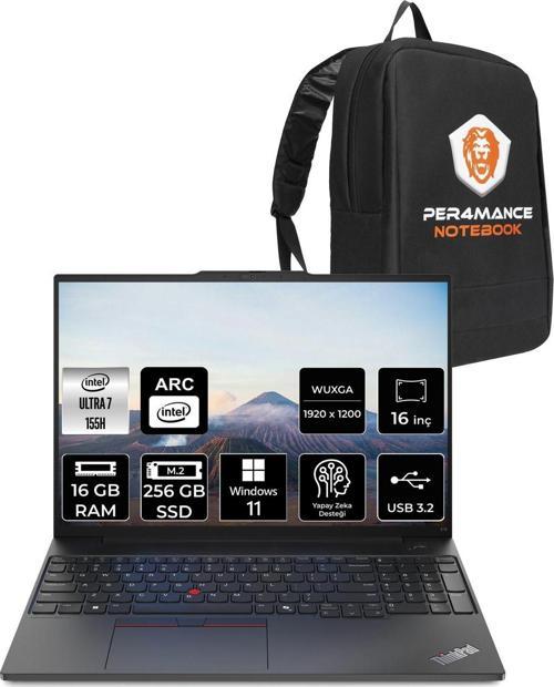 Thinkpad E16 G2 Ultra 7 155H 16Gb 256Gb Ssd 16'' Wuxga W11P 21Ma002Utx & Per4 Çanta