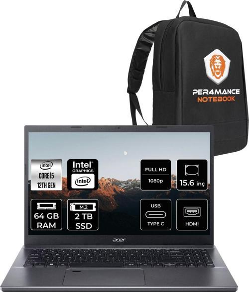 Aspire 5 İ5 12450H 64Gb Ram 2Tb Ssd 15.6'' Fhd Fdos Taşınabilir Bilgisayar & Per4 Çanta