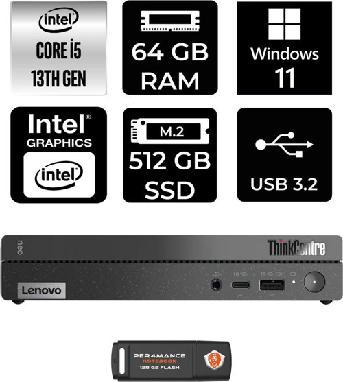 Thinkcentre 50Q Gen 4 İ5-13420H 64Gb Ram 512Gb Ssd W11Home 12Ln0048Tr Mini Pc & Per4 Bellek