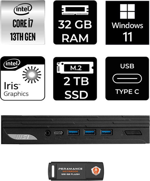 Pro Dp10 Intel Core İ7 1360P 32Gb 2Tb Ssd W11H Mini Pc & Per4 Usb Bellek 13M001Eup329