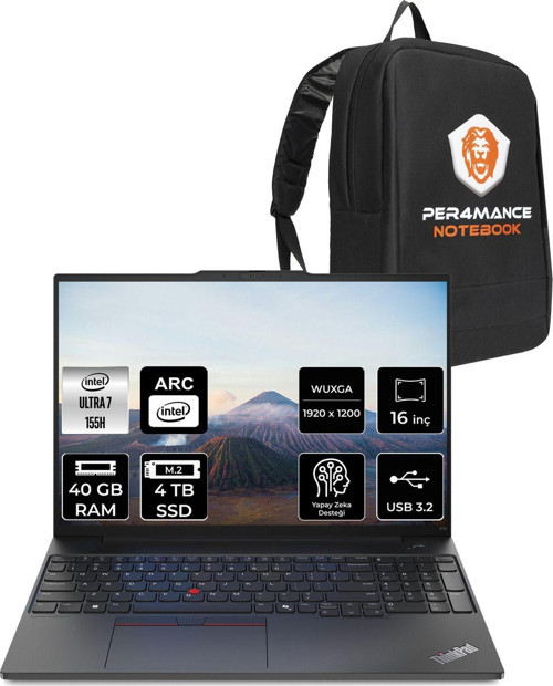 Thinkpad E16 G2 Ultra 7 155H 40Gb 4Tb Ssd 16'' Wuxga Fdos 21Ma002Utx & Per4 Çanta