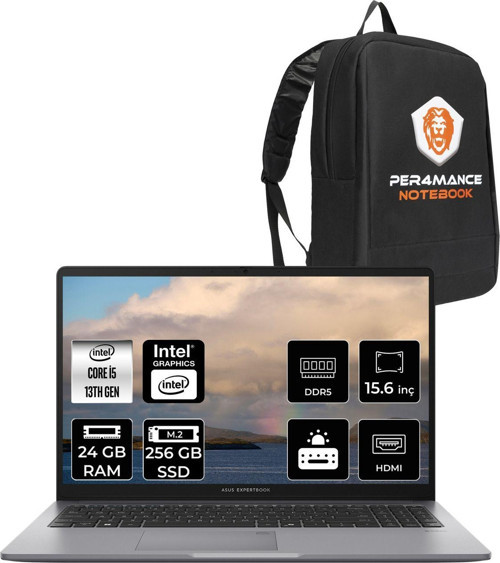 Expertbook P1 Intel Core İ5 13420H 24Gb 256Gb Ssd 15.6" Fhd Fdos & Per4 Çanta