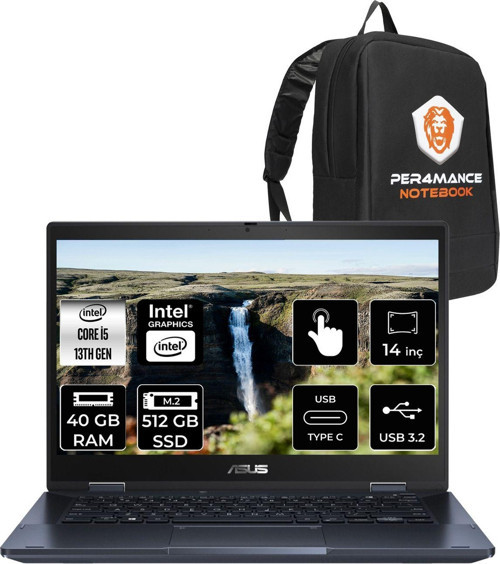 Expertbook B3 Flip İ5 1335U 40Gb Ram 512Gb Ssd 14" Fhd Fdos Dokunmatik Bilgisayar & Per4 Çanta