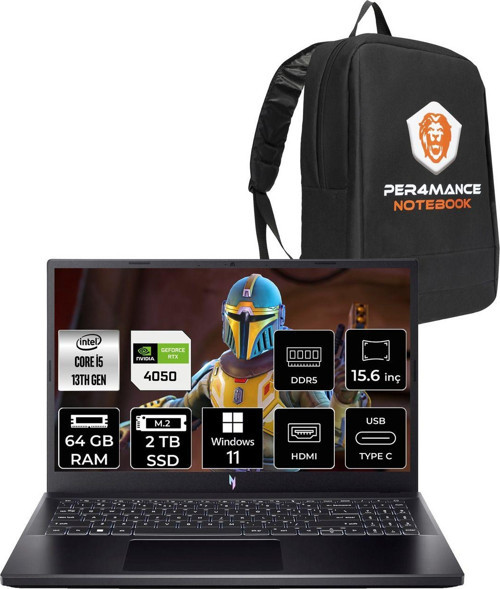 Nitro V15 İ5-13420H 64Gb 2Tb Ssd Rtx4050/6Gb 15.6'' Fhd 144Hz W11P & Per4 Çanta