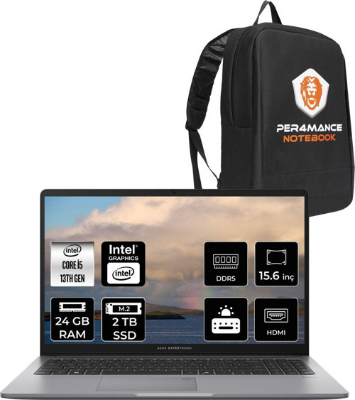 Expertbook P1 Intel Core İ5 13420H 24Gb 2Tb Ssd 15.6" Fhd Fdos Dizüstü Bilgisayar & Per4 Çanta