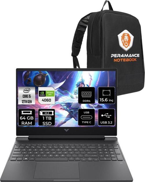 Victus 15 İ5 12500H 64Gb 1Tb Ssd Rtx4060/8Gb 144Hz 15.6'' Fhd Fdos Gaming Laptop & Per4 Çanta