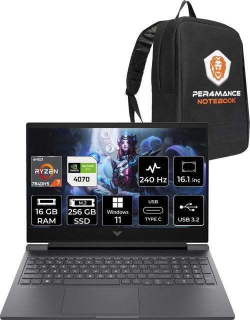 Victus 16 R7 7840Hs 16Gb 256Gb Ssd Rtx4070/8Gb 240Hz Qhd 16.1'' W11P Gaming Laptop & Per4 Çanta