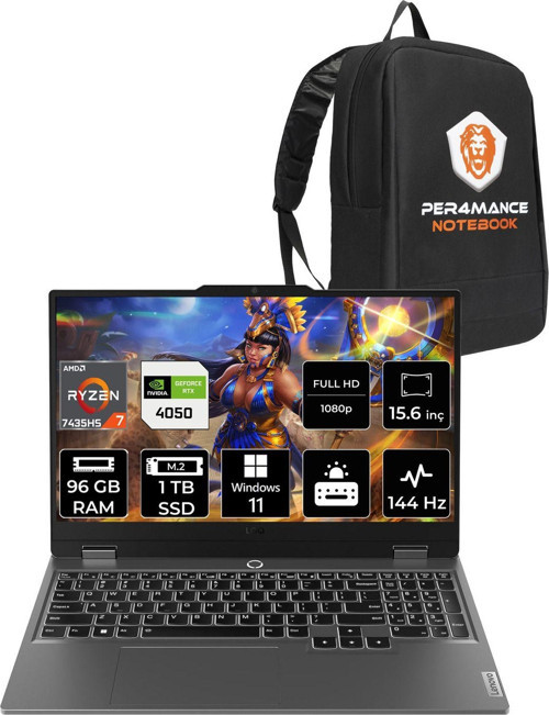 Loq R7 7435Hs 96Gb 1Tb Ssd Rtx4050/6Gb 105W 144Hz Fhd 15.6" W11H Gaming Laptop & Per4 Çanta