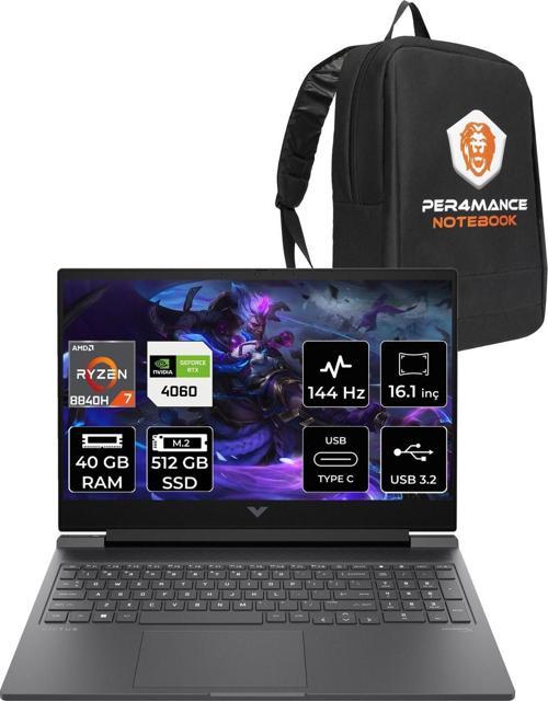 Victus 16 R7 8845Hs 40Gb 512Gb Ssd Rtx4060/8Gb 144Hz Fhd 16.1'' Fdos Gaming Laptop & Per4 Çanta