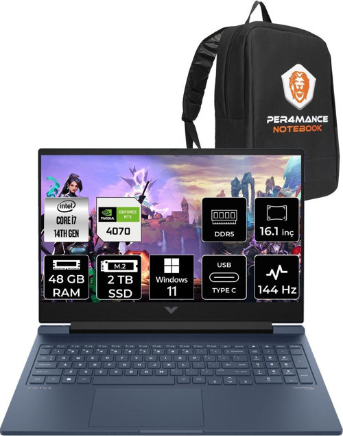 Victus 16 İ7-14700Hx 48Gb Ram 2Tb Ssd Rtx4070/8Gb 144Hz 16.1 Fhd W11Pro 9J221Ea & Per4 Çanta