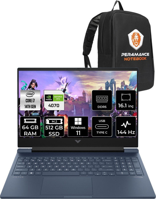 Victus 16 İ7-14700Hx 64Gb Ram 512Gb Ssd Rtx4070/8Gb 144Hz 16.1 Fhd W11Pro 9J221Ea & Per4 Çanta