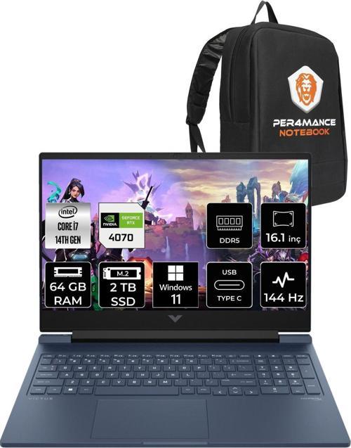 Victus 16  İ7-14700Hx 64Gb Ram 2Tb Ssd Rtx4070/8Gb 144Hz 16.1 Fhd W11Pro 9J221Ea & Per4 Çanta
