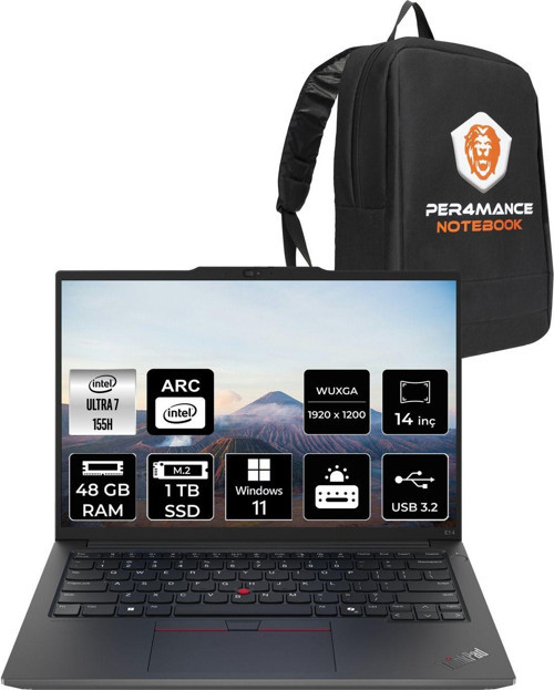 Thinkpad E14 Ultra7 155H 48Gb Ddr5 1Tb Ssd 14'' Fhd+ W11H Dizüstü Bilgisayar & Per4 Çanta