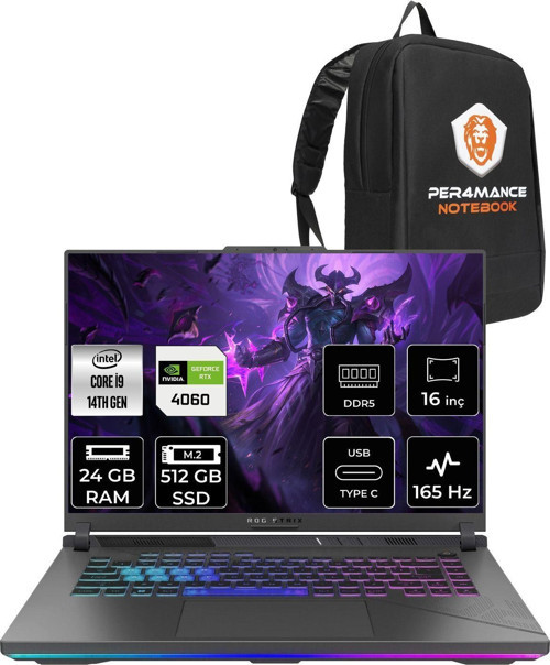 Rog Strix G16 İ9-14900Hx 24Gb 512Gb Ssd Rtx4060/8Gb 165Hz 16" Wuxga Fdos N3095 & Per4 Çanta