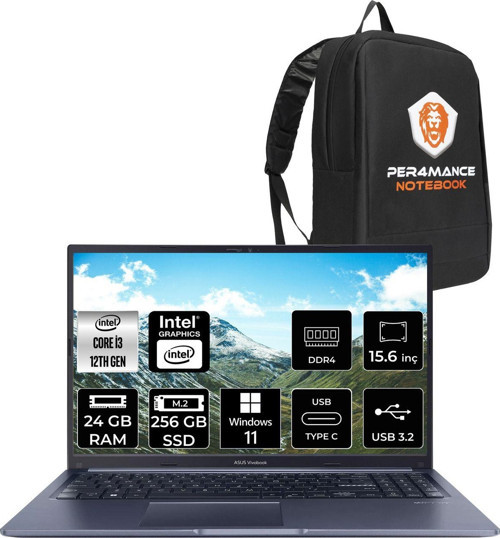 Vivobook 15 X1502Za İ3 1215U 24Gb Ram 256Gb Ssd 15.6'' Fhd W11Pro Ej1645 & Per4 Çanta