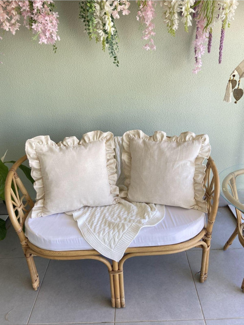 Keten, Bohem, Fırfırlı, Vintage, 2'Li Kare Kırlent Kılıfı