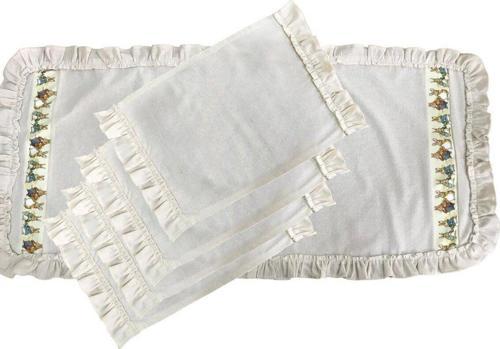 Keten, Bohem, Fırfırlı, Vintage, 4 Adet Amerikan Servis Ve Fırfırlı Runner Tavşan Set