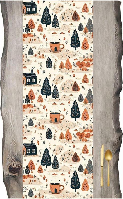 Sonbahar Serisi Krem Taban Ağaçlar Ve Evler Ranır- Runner 45 X 140 Cm