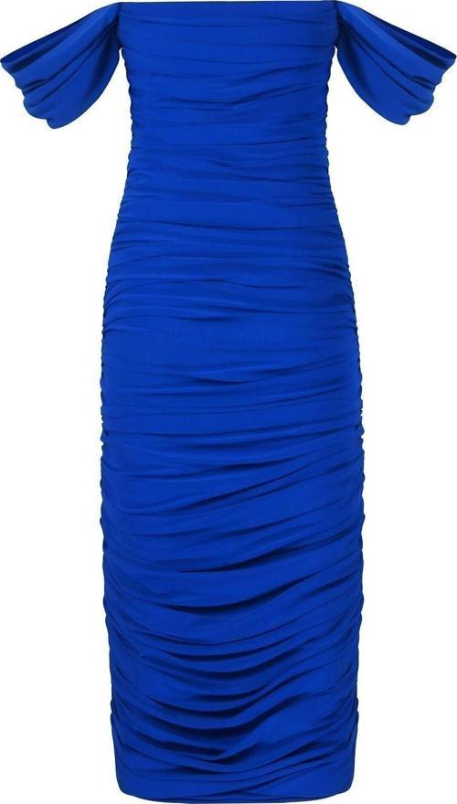 Kadın Saks Mavisi Düşük Kol Büzgülü Drapeli Midi Elbise