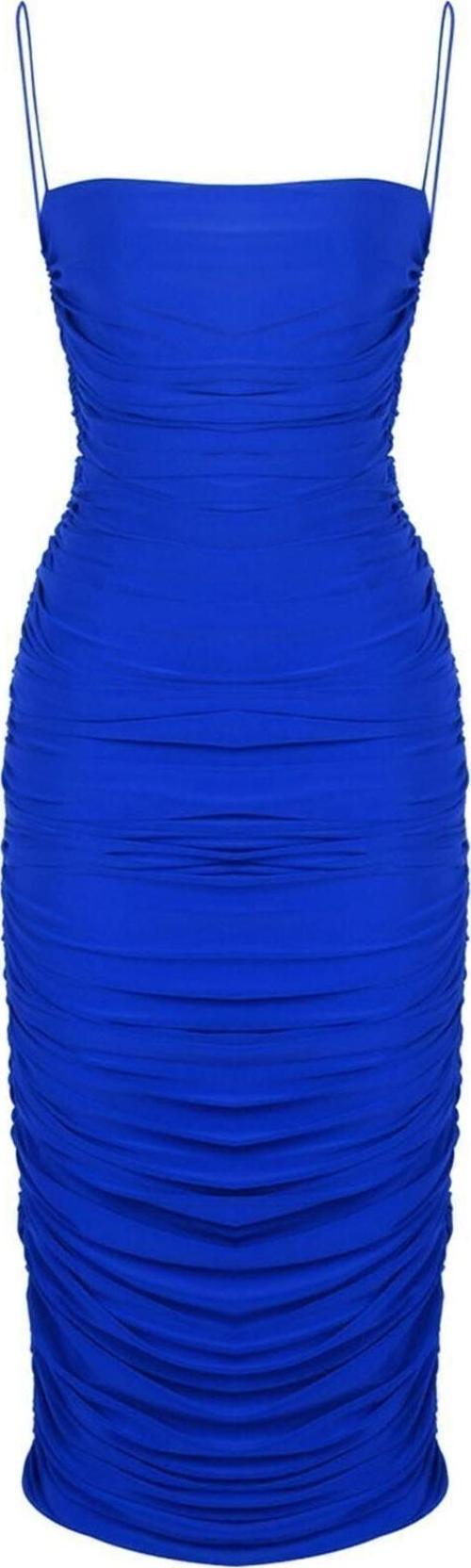 Kadın Saks Mavisi Asılı Büzgülü Drapeli Midi Elbise