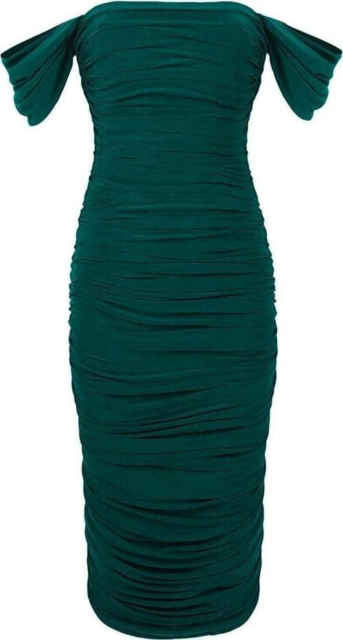 Kadın Zümrüt Drapeli Düşük Omuzlu Abiye Elbise