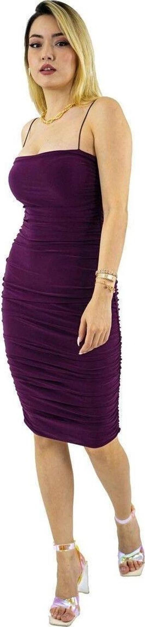 Mor Askılı Midi Toparlayıcı Etkili Drapeli Abiye Elbise Düğün Mezuniyet Özel Gün Kıyafeti