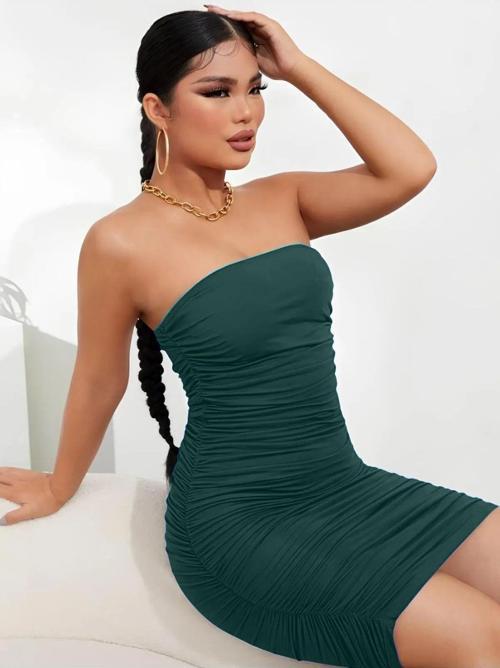 Bss Yeşil Mini Straplez Büzgülü Abiye Elbise Düğün, Nişan Ve Mezuniyet Için Tam Astarlı Tasarım