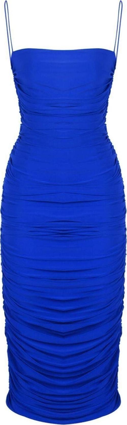 By Seven Sail Kadın Saks Mavi Askılı Degajeli Drapeli Midi Elbise