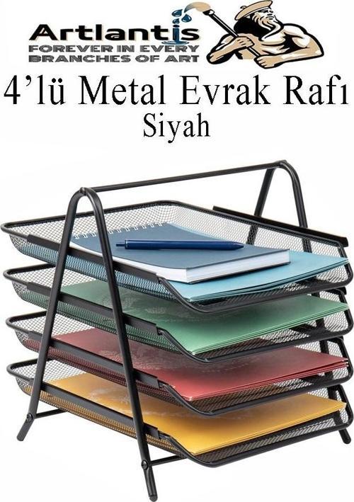 4 lü Metal Evrak Rafı Siyah 1 Paket Masaüstü A4 Dosya Düzenleyici Kağıt Tepsisi Metal Çelik Fileli Dört Katlı Hareketli