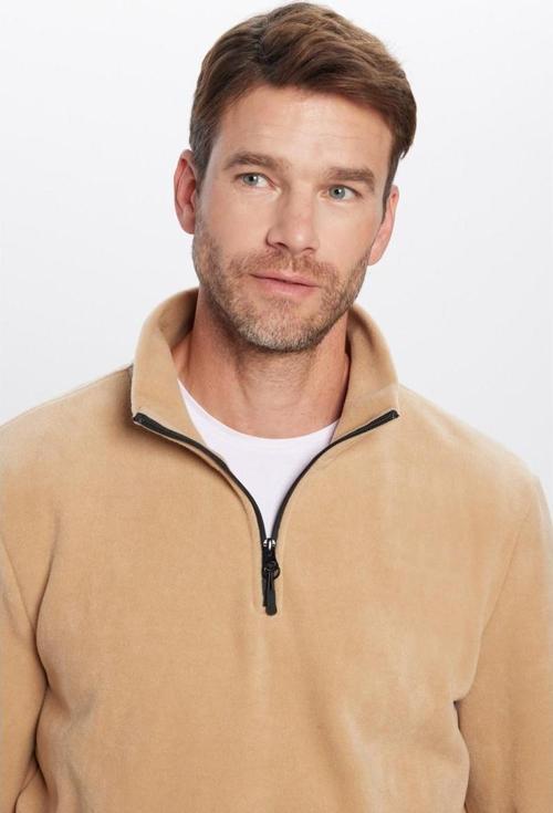 Erkek Standart Fit Rahat Kesim Tüylenme Yapmayan Soğuk Geçirmez Bej Dik Yaka Polar Sweatshirt