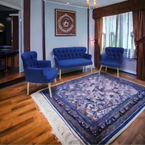 Metal Ayaklı Kollu Mavi Kumaş Çay Seti Koltuk Takımı Bekleme Koltuğu Ofis Koltuğu Berjer