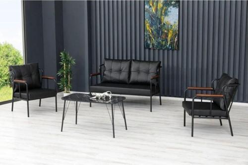 Siyah Deri Metal Ayaklı Ofis Koltuk Takımı Kafe Koltuğu Ofis Sandalyesi