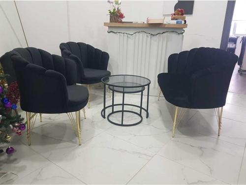 Siyah Kumaş Metal Gold Ayaklı Papatya Çay Seti Koltuk Takımı Bekleme Ofis Koltuk Takımı