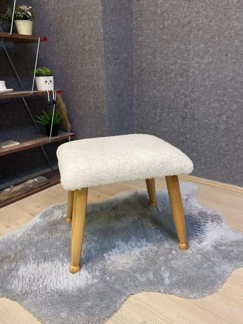 Trend Naturel Teddy Krem Ahşap Ayak Uzatma Pufu Makyaj Koltuğu Tabure