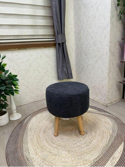 Miskin Naturel Teddy Antrasit Ahşap Ayaklı Peluş Puf Makyaj Koltuğu Yuvarlak Tabure