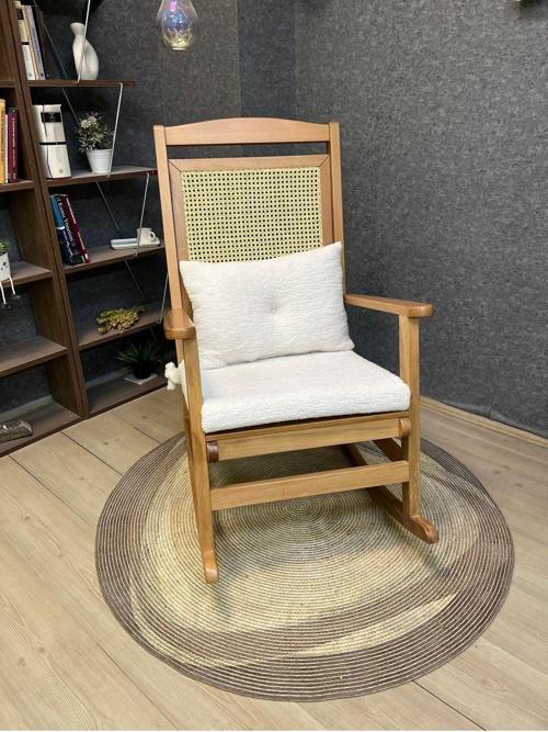 Veranda Naturel Teddy Krem Minderli Hasırlı Sallanan Sandalye Hazeranlı Dinlenme Koltuğu